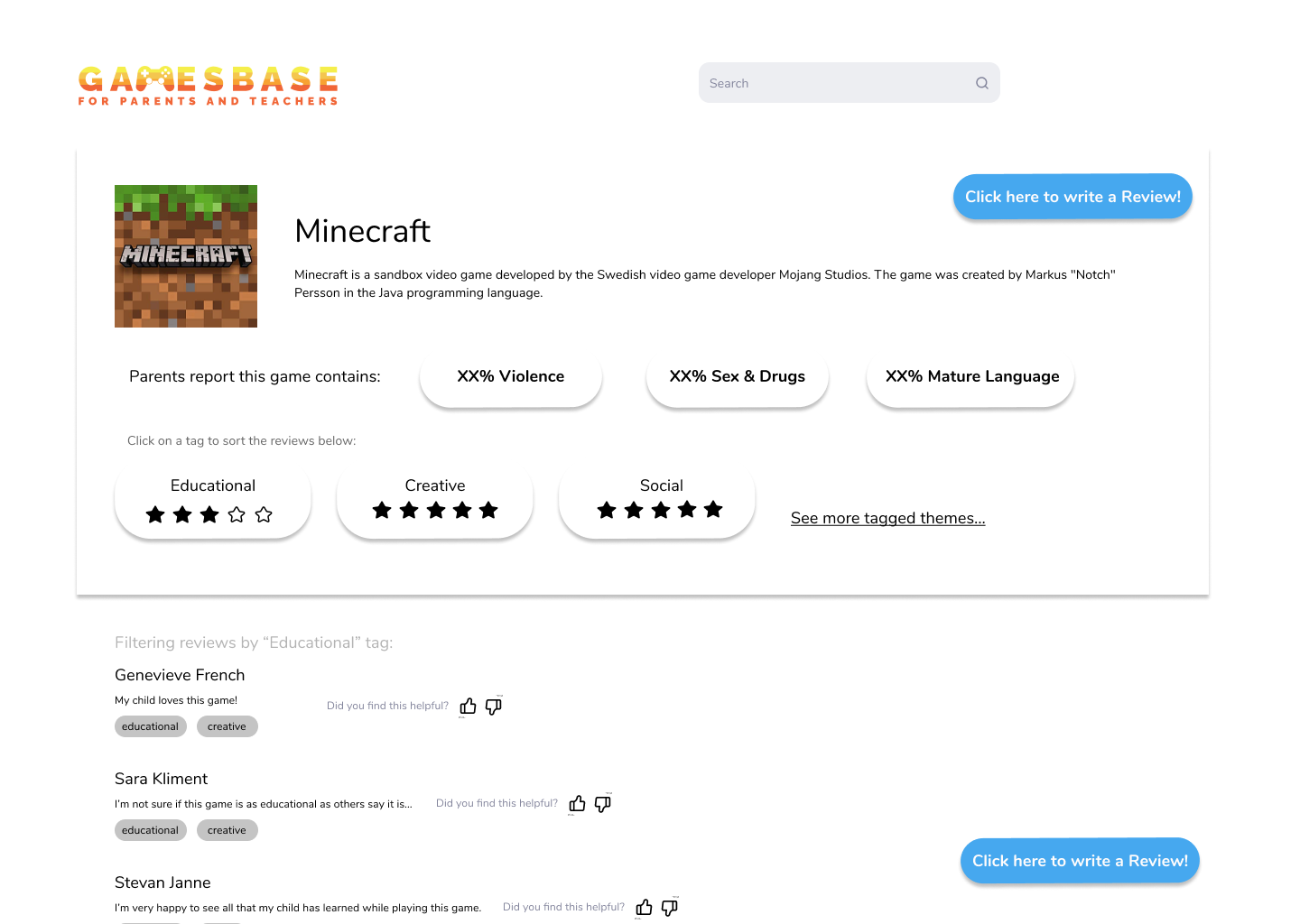 Game page with reviews filtered by Educational tag